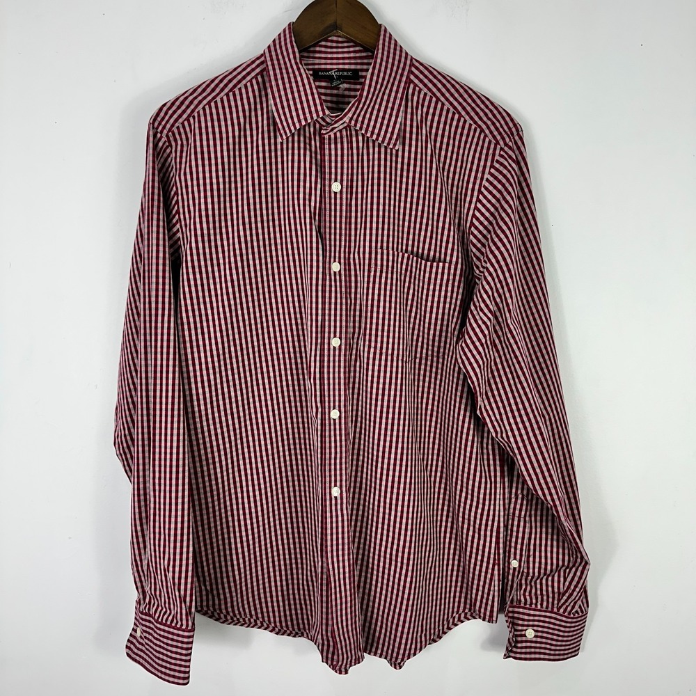 Banana Republic Shirt Mens L Burgundy Check Preppy Academia Quiet Luxury Cotton - Picture 1 of 7